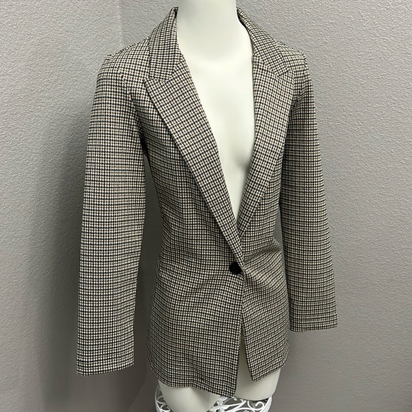 H&M Women’s Brown Houndstooth One Button Long Blazer Size 6 - Picture 1 of 9